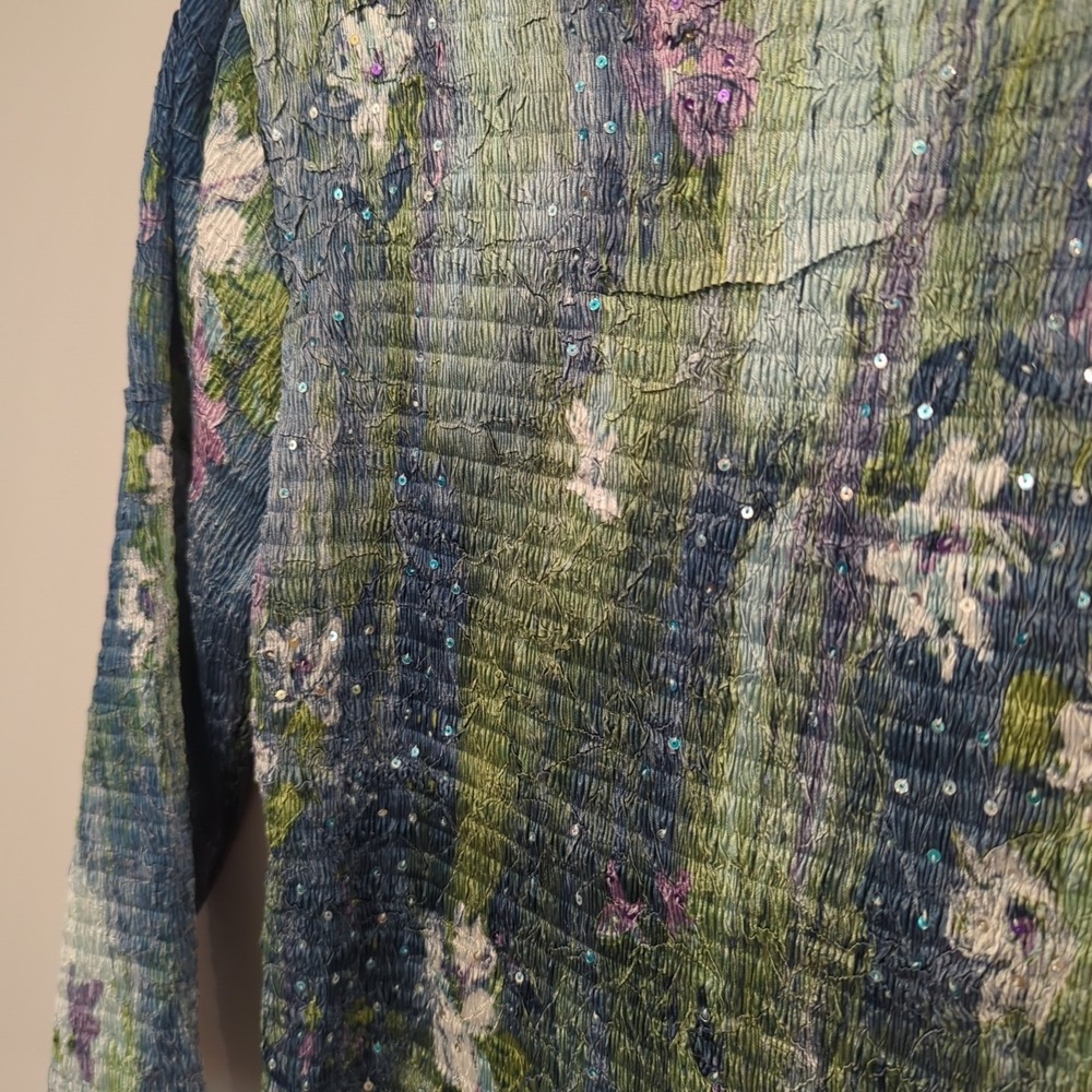 Y2K Crinkle Sequin Top Green Blue 3/4 Sleeve Blouse‎ L image 2